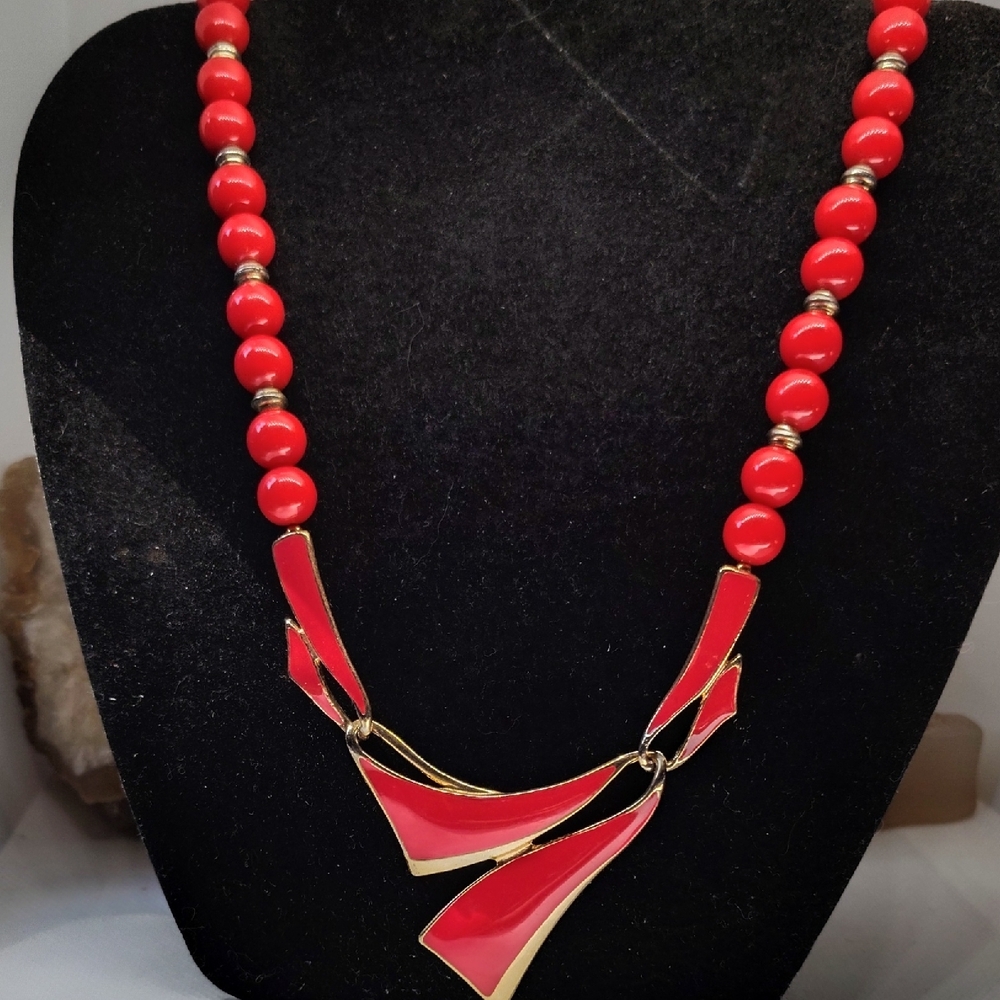 1980s Bold Red and Gold Necklace and Pierced Earring Set - Picture 2 of 10